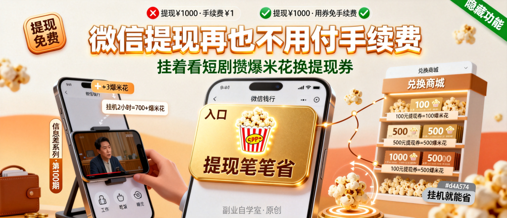图片[1]-信息差-100-微信偷偷上了个提现笔笔省功能挂着看短剧攒爆米花换提现券零钱提现不用再付手续费-资源学习社